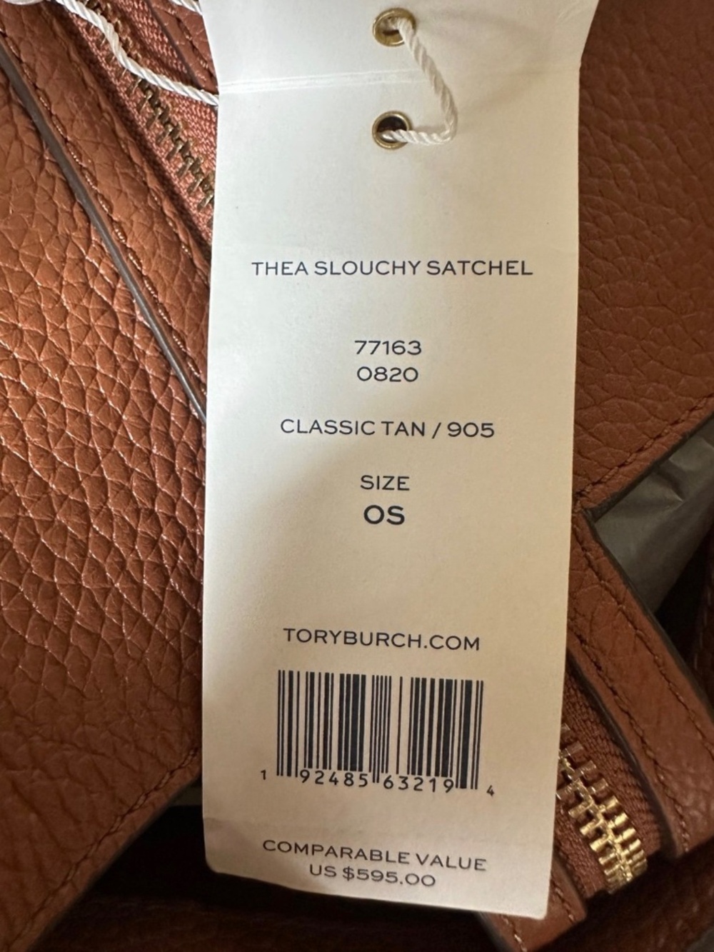 NWT Tory Burch Thea Slouchy Satchel Classic Tan 77163 Leather Brown Gold Tone - Picture 2 of 7